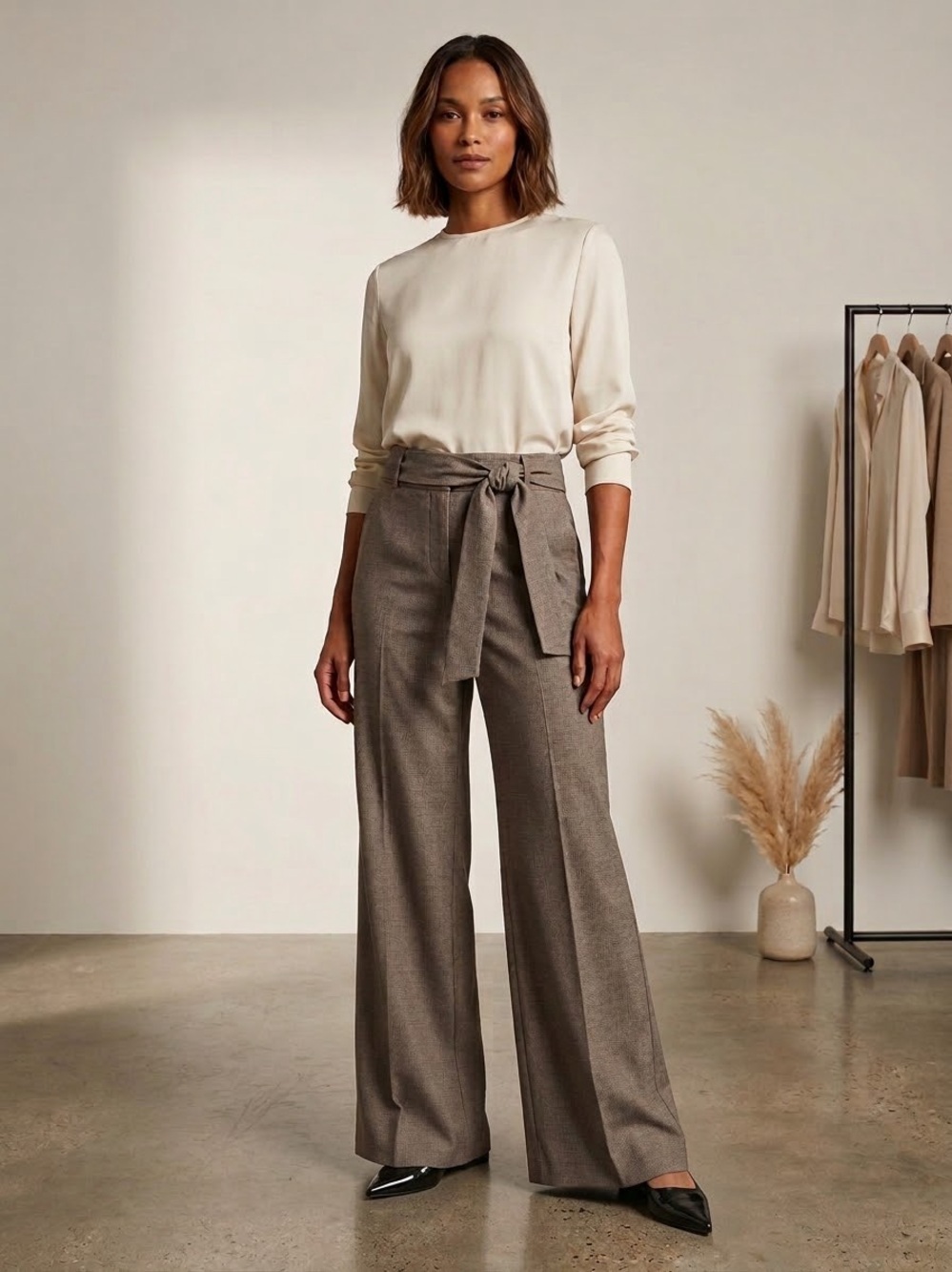 The Limited Taupe Wide-Leg High-Waist Tie-Belt Pants